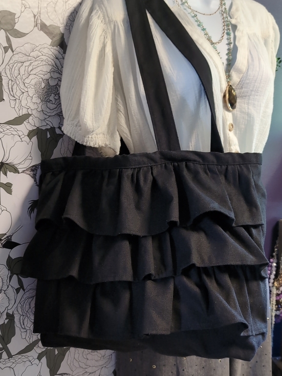 Handbags - Ruffled Black Canvas Tote Bag - Women